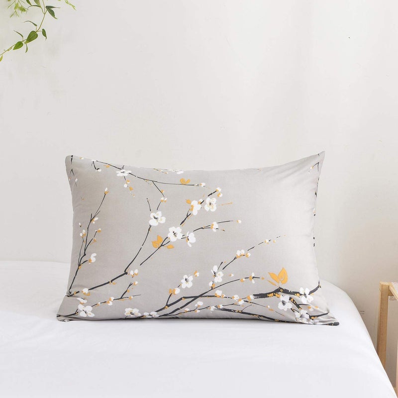 NANKO Floral Pillow Case Set (2 Pack), Tan Gray Plum Blossom Flower Pattern Printed Pillowcases/Pillow Shams - 20x30 inch Standard Queen Size - Image 5